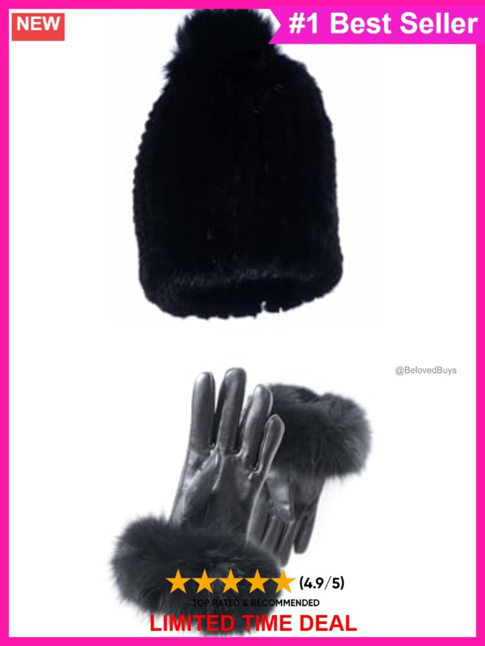 Lambskin Leather Gloves with Fox Fur Cuffs and Knitted Beanie with Mink Fur Pom